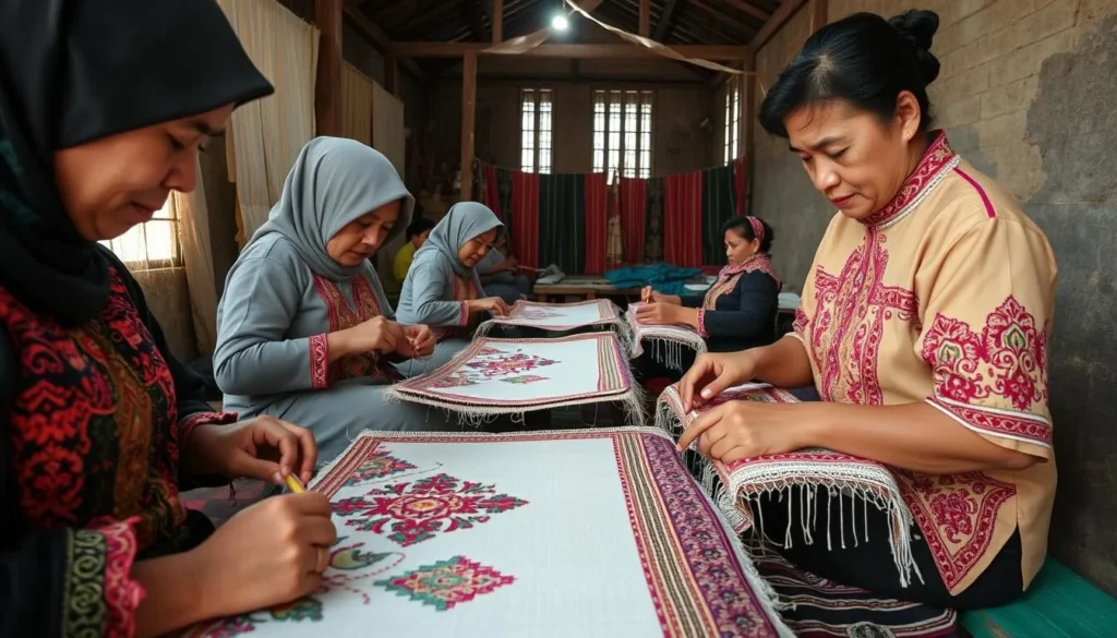 Artisans creating traditional Bordir Tasik embroidery in a workshop