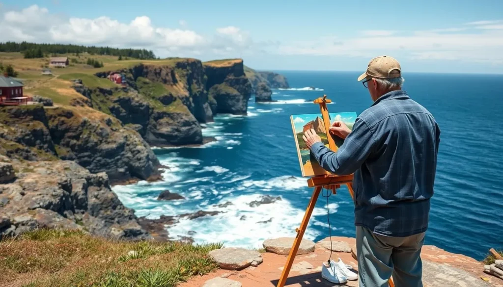 Artist painting on Monhegan Island's rocky coastline with easel set up overlooking dramatic cliffs Artist painting on Monhegan Island's rocky coastline with easel set up overlooking dramatic cliffs
