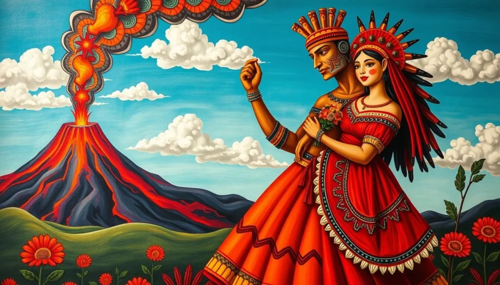Artistic representation of the Popocatepetl and Iztaccihuatl legend in traditional Mexican style