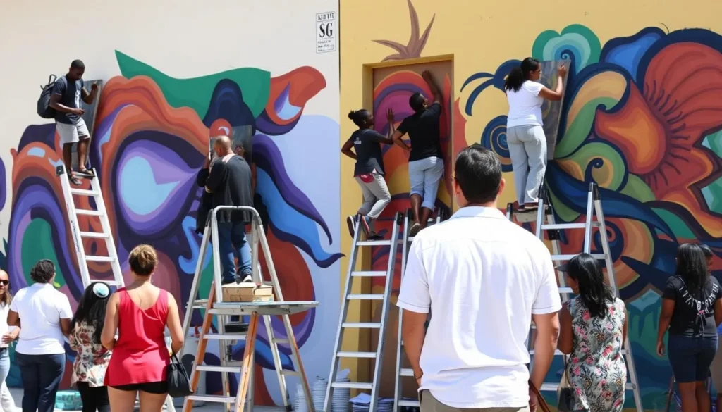Artists creating new murals during the Aruba Art Fair in San Nicolas