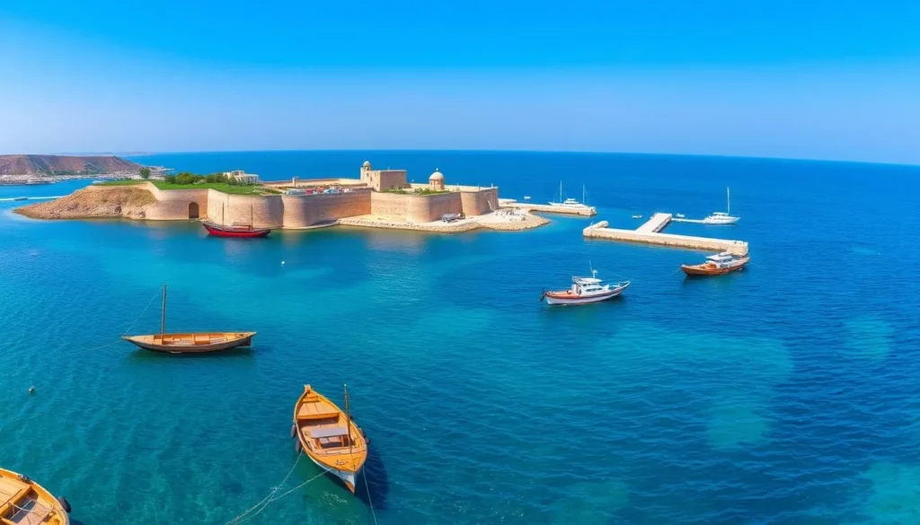 Arwad Island view from Tartus showing ancient fortress and harbor, Syria