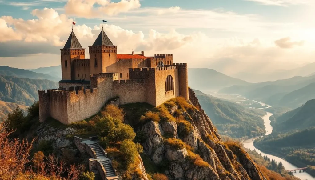 Asen's Fortress, a majestic medieval stronghold perched atop a rocky outcrop, commands a panoramic view of the surrounding landscape. Capture the grandeur of its well-preserved walls and towers, bathed in warm, golden light that filters through wispy clouds. Depict the intricate architectural details, from the weathered stone to the pointed arches, as if inviting the viewer to step back in time. Showcase the fortress' strategic location, overlooking the verdant Rhodope Mountains and the winding Assen River below. Convey a sense of tranquility and timeless wonder, evoking the rich history and cultural significance of this captivating Bulgarian landmark.