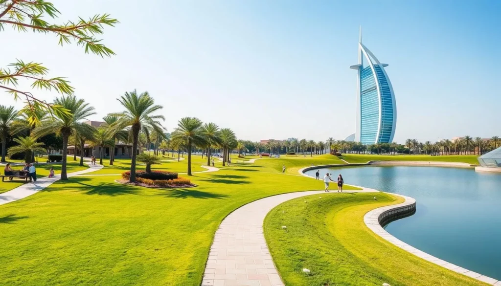 Aspire Park in Doha with green spaces and the Torch Doha hotel in background