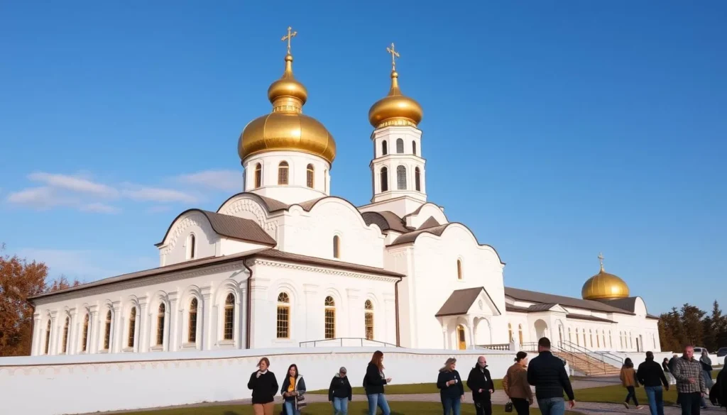 Assumption Trifonov Monastery in Kirov with golden domes against blue sky Assumption Trifonov Monastery in Kirov with golden domes against blue sky