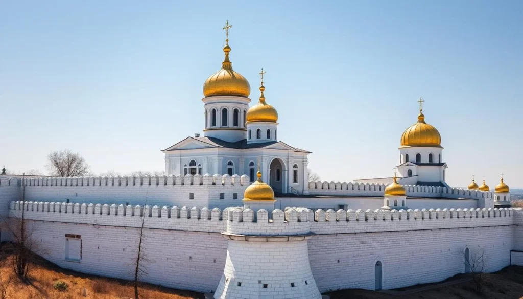 Astrakhan Kremlin with its white walls and golden domes