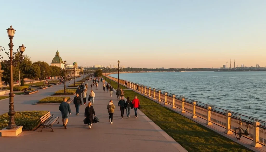 Astrakhan's Central Embankment with people strolling along the Volga River