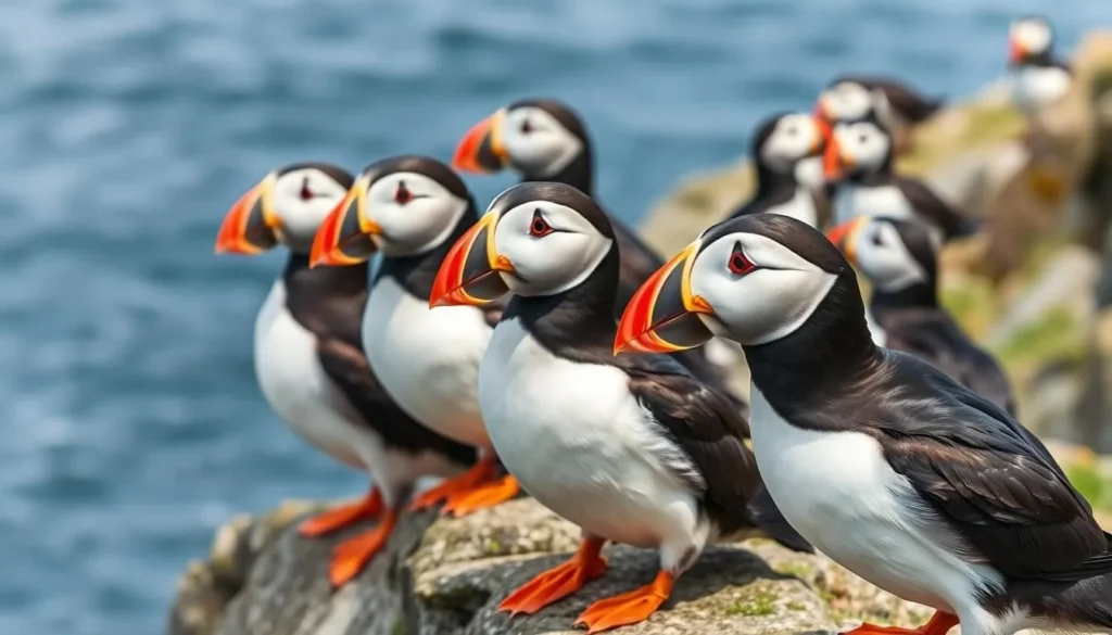 Atlantic puffins nesting on Matinicus Rock with their colorful beaks Atlantic puffins nesting on Matinicus Rock with their colorful beaks