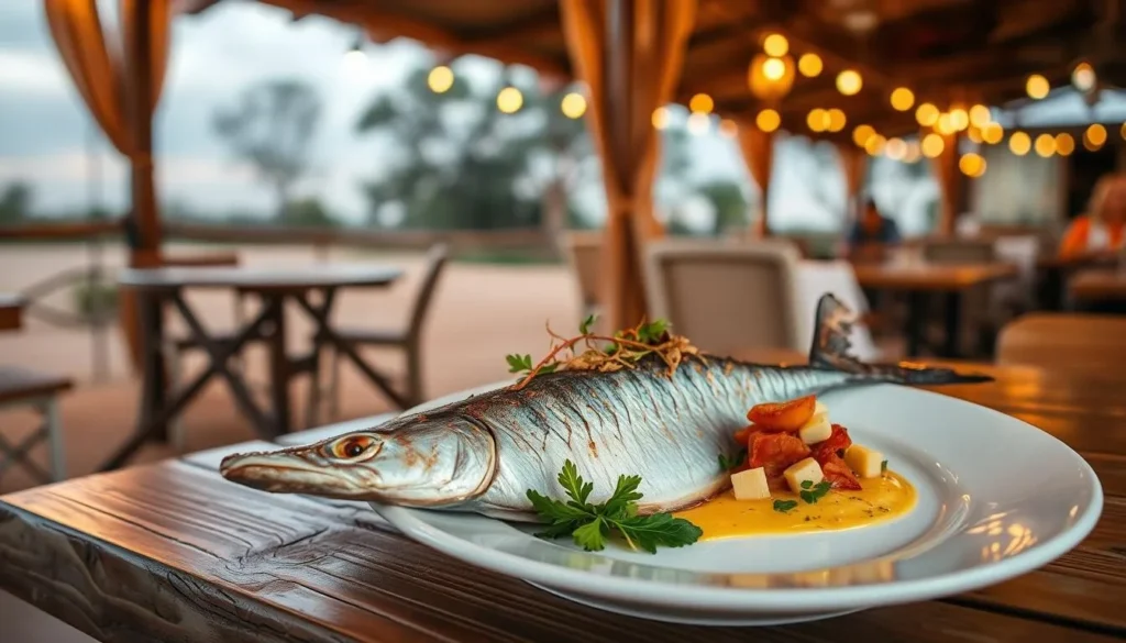 Australian outback dining experience with bush tucker ingredients and barramundi dish