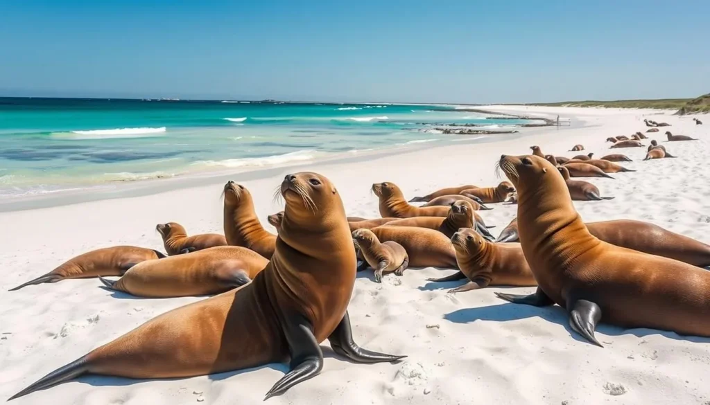 Australian sea lions resting on the white sand beach at Seal Bay, Kangaroo Island