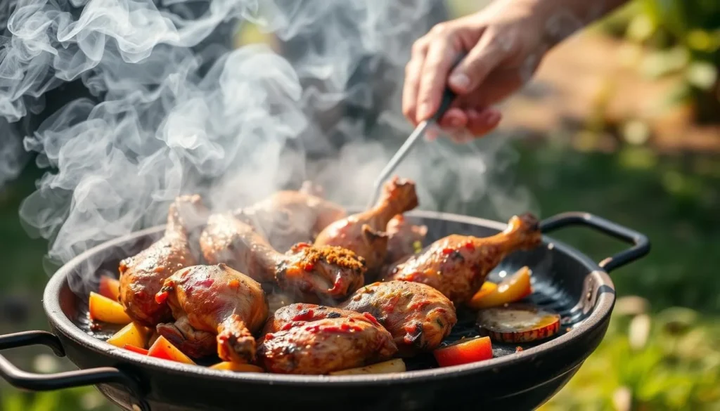 Authentic Jamaican jerk chicken being prepared on a traditional jerk pan with smoke rising