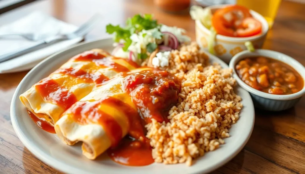 Authentic Tex-Mex cuisine with enchiladas, rice, and beans from a Socorro, Texas restaurant Authentic Tex-Mex cuisine with enchiladas, rice, and beans from a Socorro, Texas restaurant