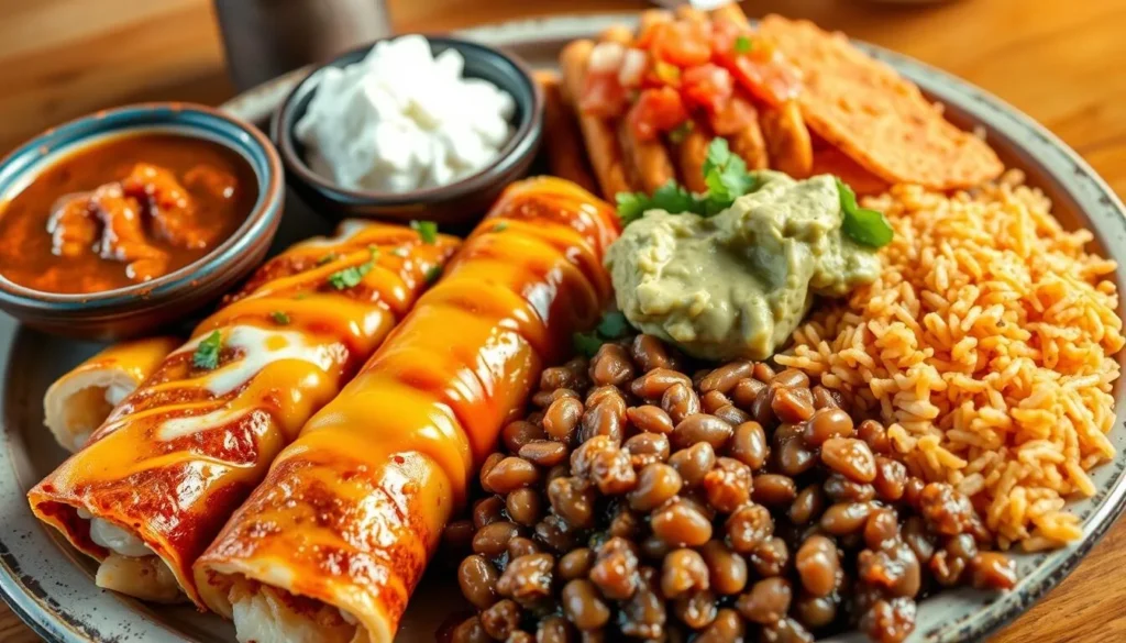 Authentic Tex-Mex platter with enchiladas, rice, and beans from a local Odessa restaurant