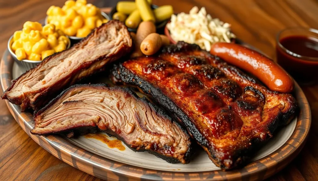 Authentic Texas BBQ plate with brisket, ribs, and sides at a Midlothian restaurant