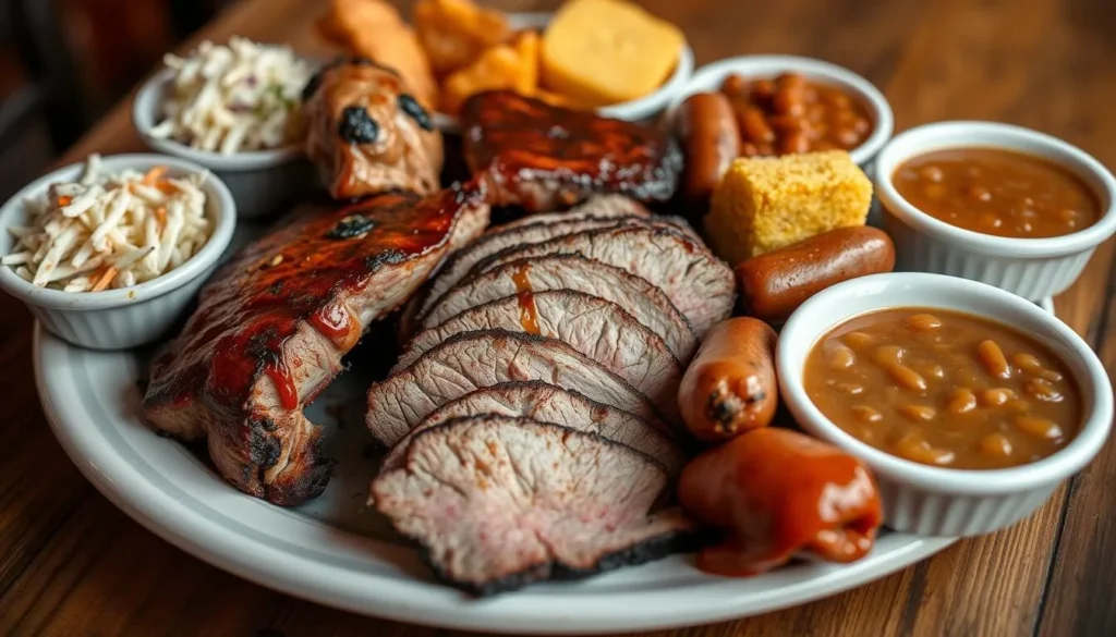 Authentic Texas BBQ platter with brisket, ribs, and sides at a Midland restaurant Authentic Texas BBQ platter with brisket, ribs, and sides at a Midland restaurant