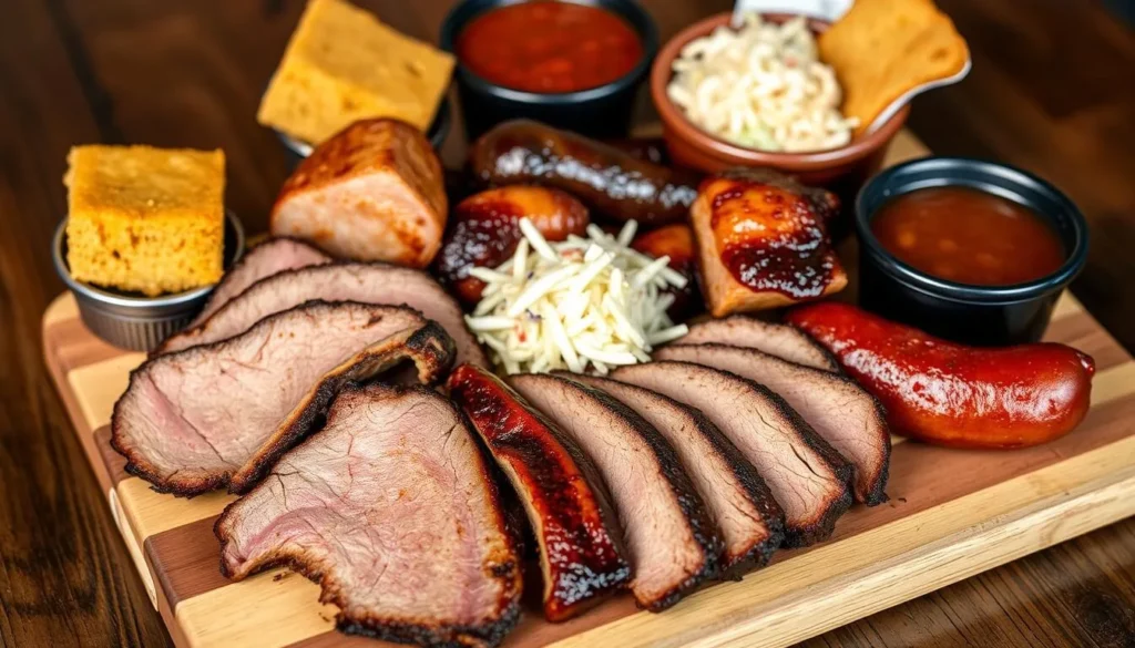 Authentic Texas BBQ platter with brisket, ribs, and sides at a local Converse restaurant