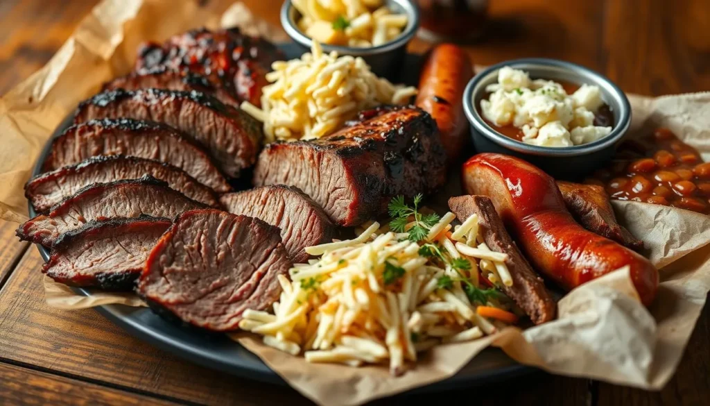 Authentic Texas barbecue platter with brisket, ribs, and sides at a popular Temple restaurant Authentic Texas barbecue platter with brisket, ribs, and sides at a popular Temple restaurant