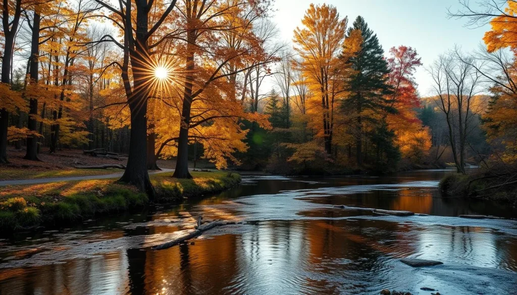 Autumn colors at Dunns Creek State Park with golden light filtering through trees Autumn colors at Dunns Creek State Park with golden light filtering through trees