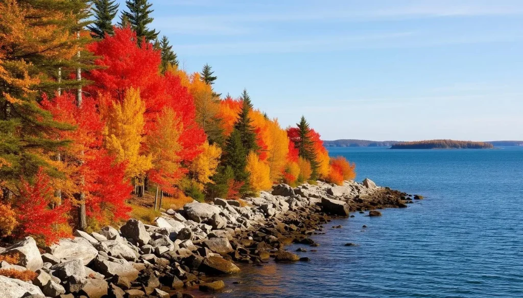 Autumn colors at Fathom Five National Marine Park, Ontario with red and orange foliage along the shoreline