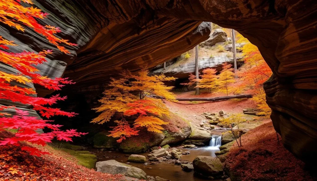 Autumn colors at Old Man's Cave in Hocking Hills State Park with vibrant red and orange foliage