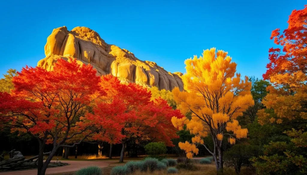 Autumn colors at The Rock Nature Reserve with golden foliage against the rock formation