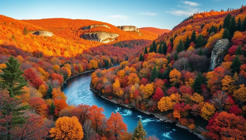 Autumn colors in Bashkiriya National Park with vibrant red and yellow foliage along the Belaya River Autumn colors in Bashkiriya National Park with vibrant red and yellow foliage along the Belaya River