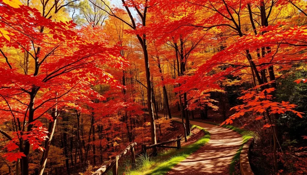 Autumn colors in Blue Mountains National Park with golden and red leaves on trees Autumn colors in Blue Mountains National Park with golden and red leaves on trees