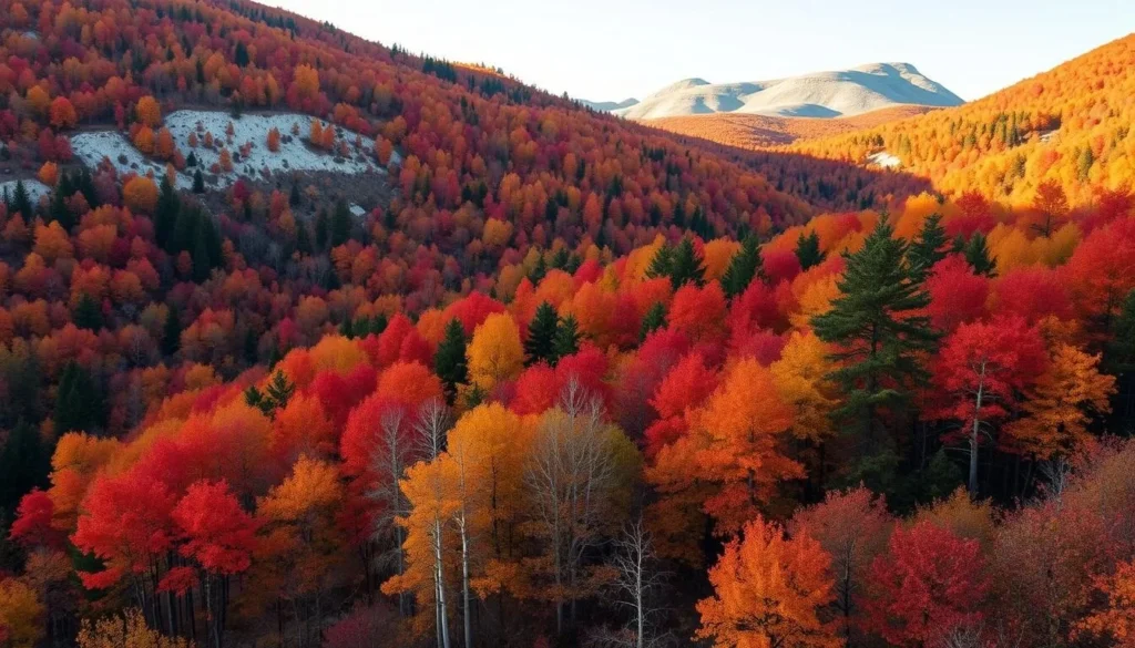 Autumn colors in Khvalynsky National Park with red and golden foliage