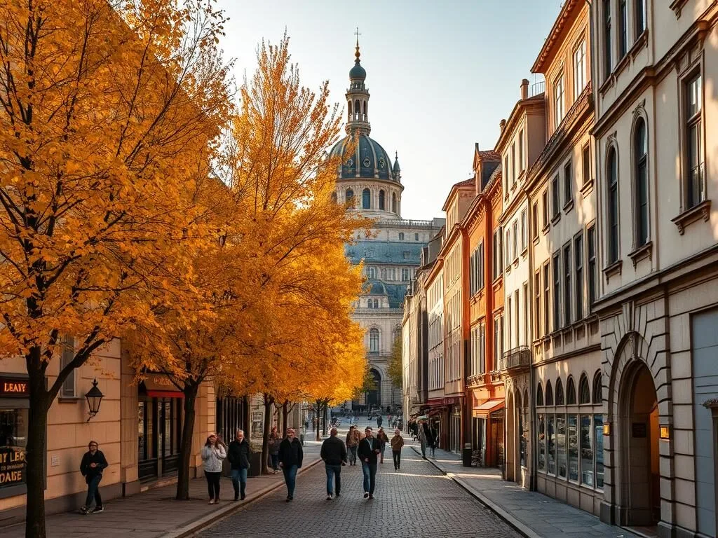Autumn colors in Lyon with golden leaves and historic architecture