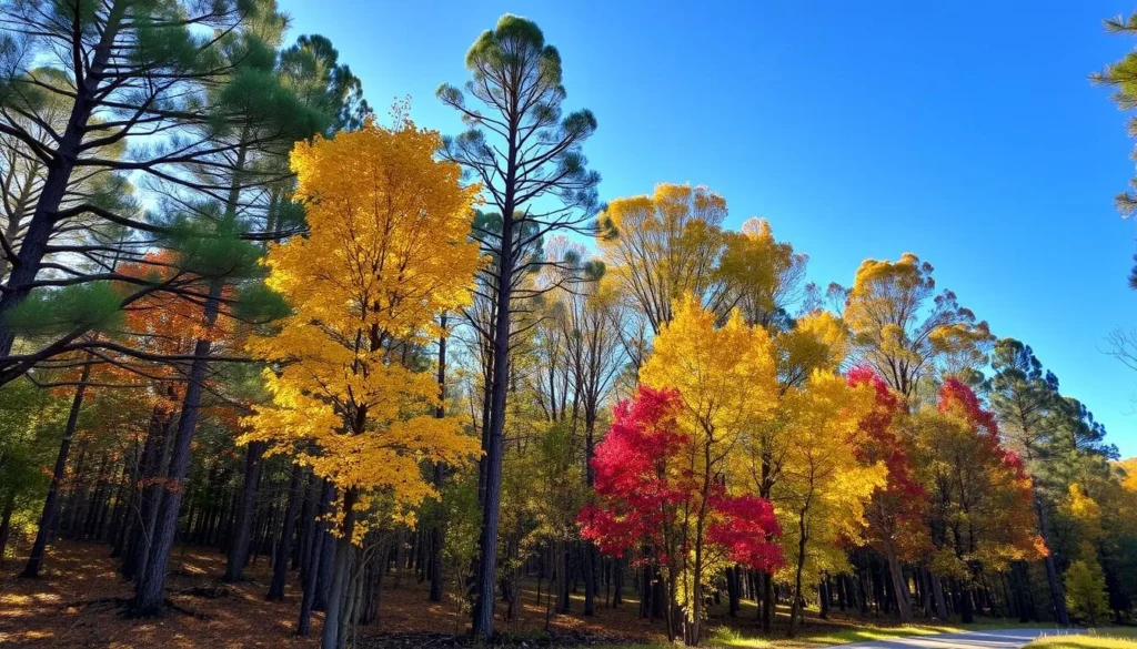 Autumn colors in Mount Crawford Forest with golden and red foliage among pine trees in South Australia