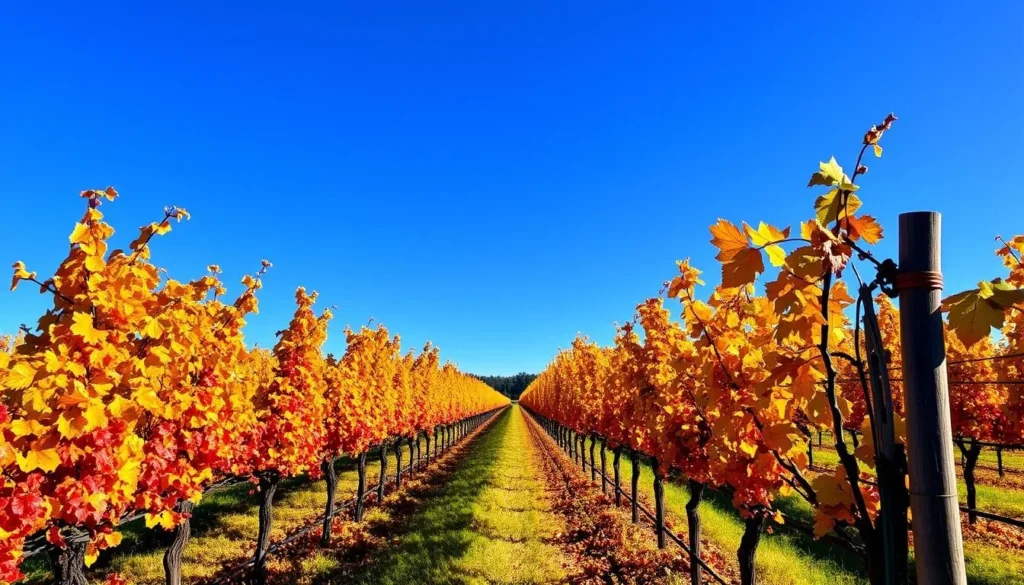 Autumn colors in Mudgee vineyards showing the best time to visit with golden and red foliage Autumn colors in Mudgee vineyards showing the best time to visit with golden and red foliage