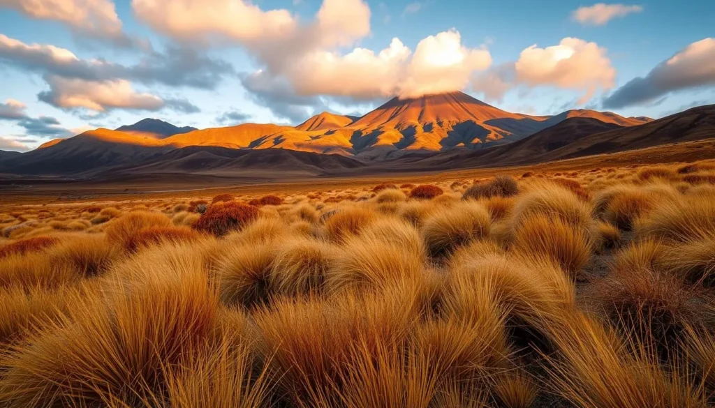 Autumn colors in Tongariro National Park with golden tussock grasses and volcanic mountains Autumn colors in Tongariro National Park with golden tussock grasses and volcanic mountains