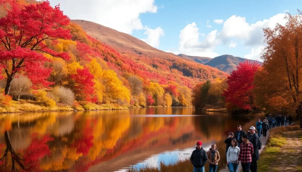 Autumn colors in Trossachs National Park with red and gold trees reflecting in a calm loch