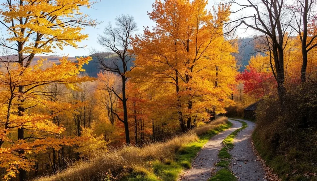 Autumn colors in the Peak District with golden trees and a walking path Autumn colors in the Peak District with golden trees and a walking path