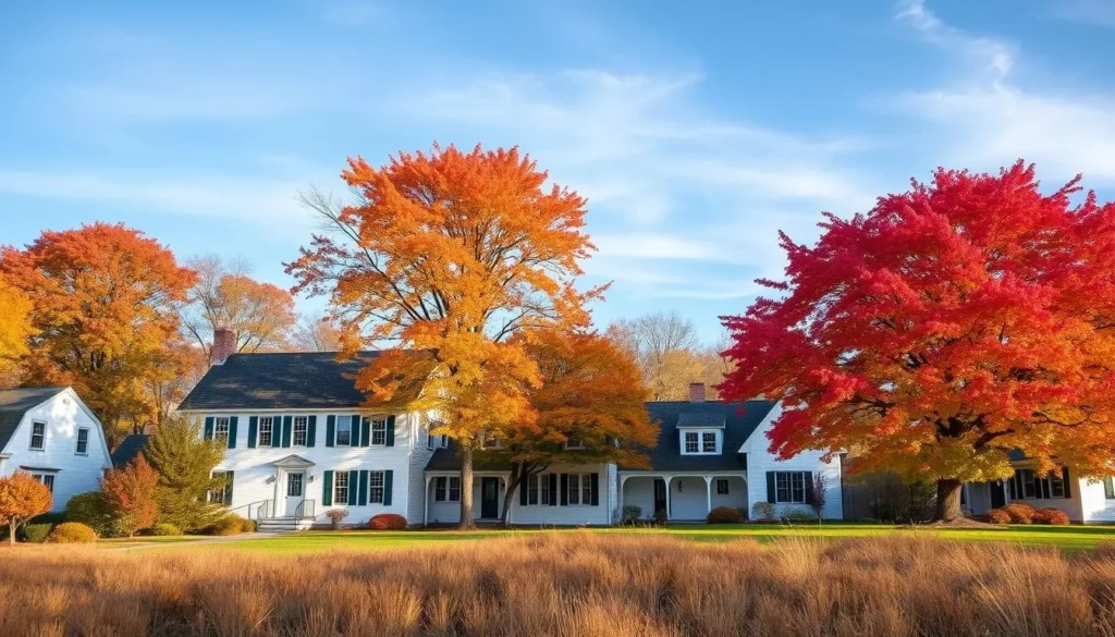 Autumn foliage in Castine with historic homes and colorful elm trees