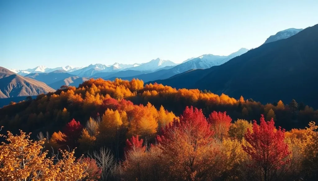 Autumn landscape in Lunana Range, Bhutan showing colorful foliage and clear mountain views