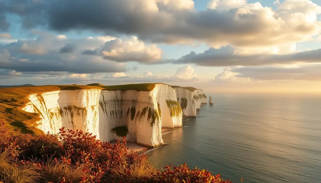Autumn view of Etretat with golden light on the cliffs, perfect timing for a weather-savvy trip Autumn view of Etretat with golden light on the cliffs, perfect timing for a weather-savvy trip
