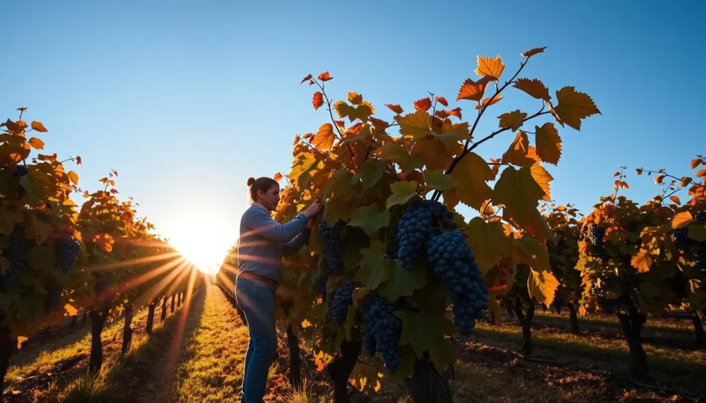 Autumn vineyard harvest in Santa Cruz Chile with workers picking grapes