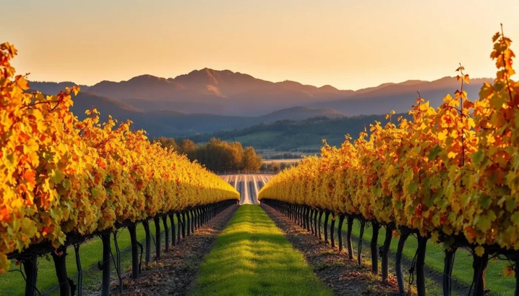 Autumn vineyard scene in Mount Alford Queensland with colorful foliage and mountains Autumn vineyard scene in Mount Alford Queensland with colorful foliage and mountains