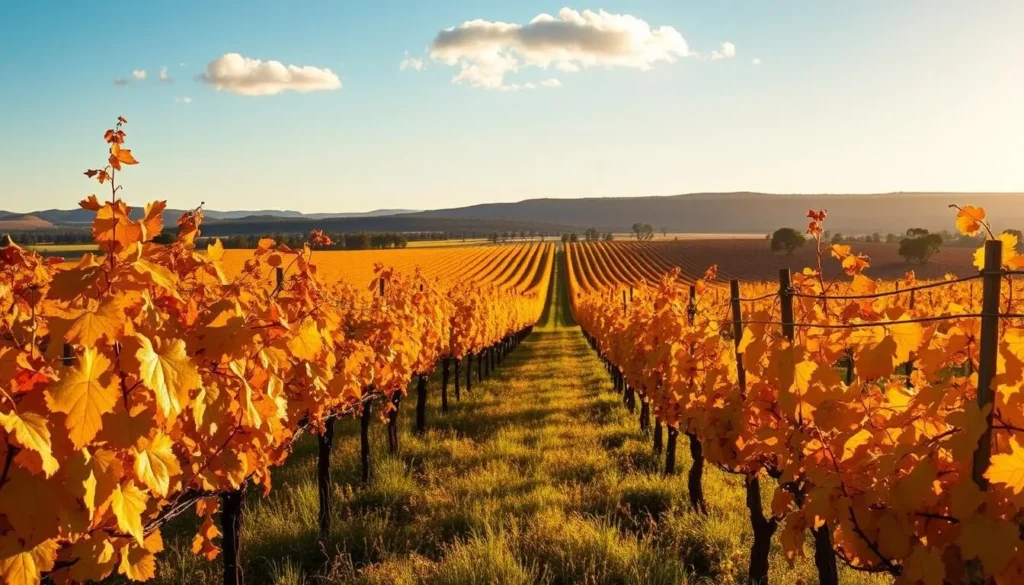 Autumn vineyards in McLaren Vale with golden leaves and grape harvest