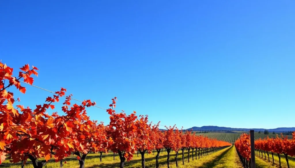 Autumn vineyards in Pokolbin with colorful foliage and clear blue sky Autumn vineyards in Pokolbin with colorful foliage and clear blue sky