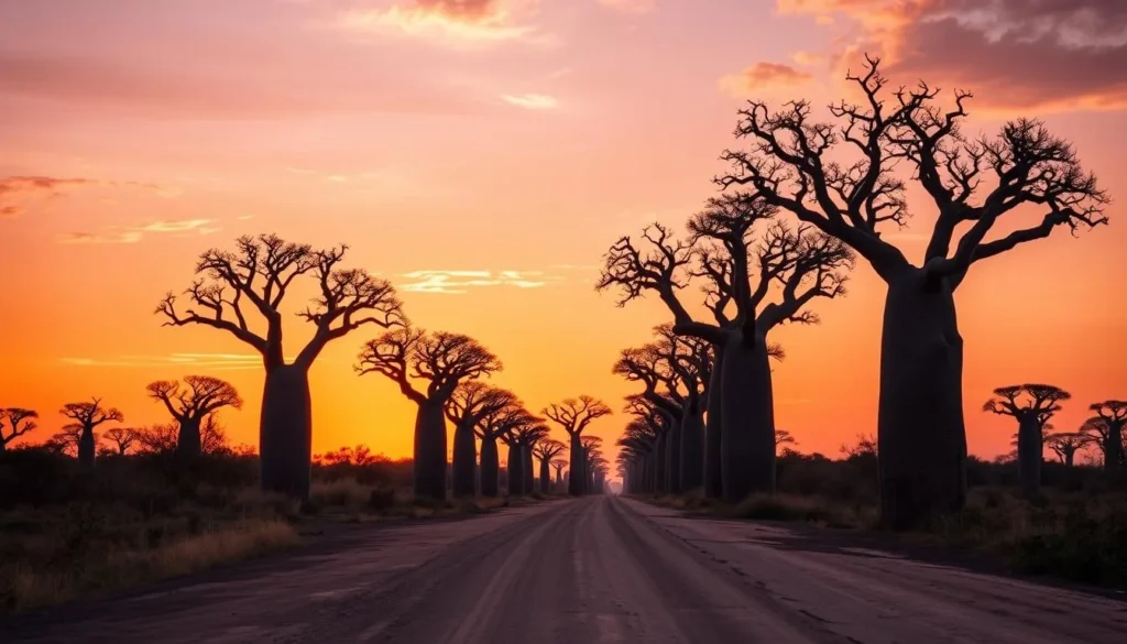Avenue of the Baobabs at sunset with orange sky and silhouetted trees