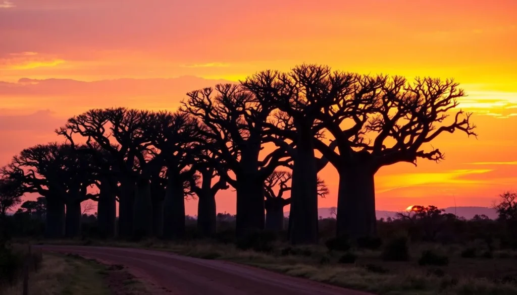 Avenue of the Baobabs near Morondava at sunset with silhouetted trees