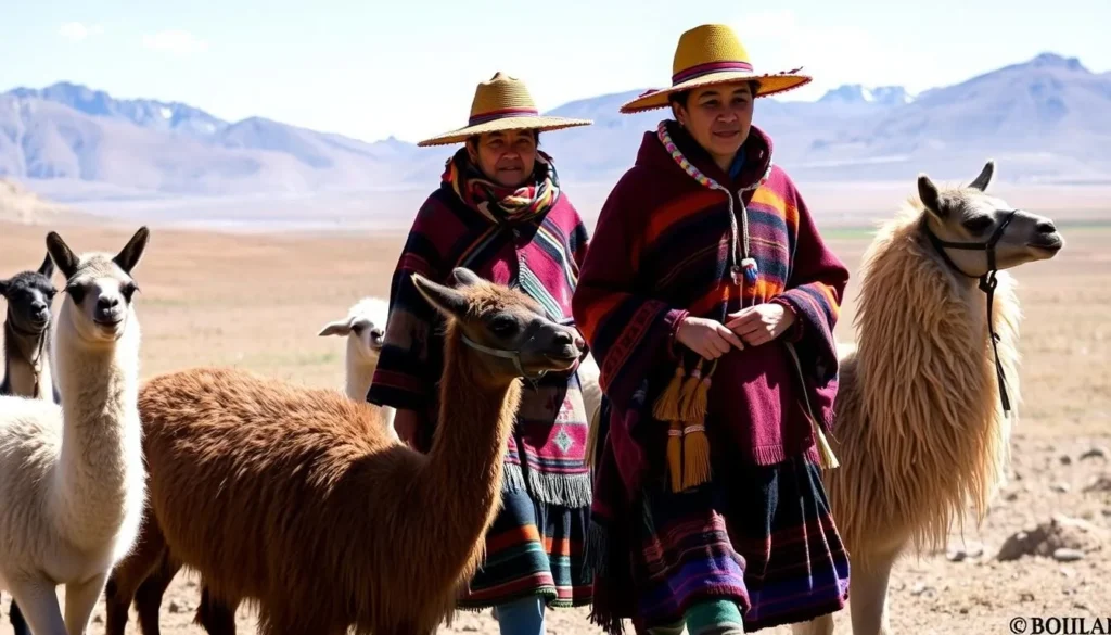 Aymara people in traditional dress with llamas in Sajama National Park