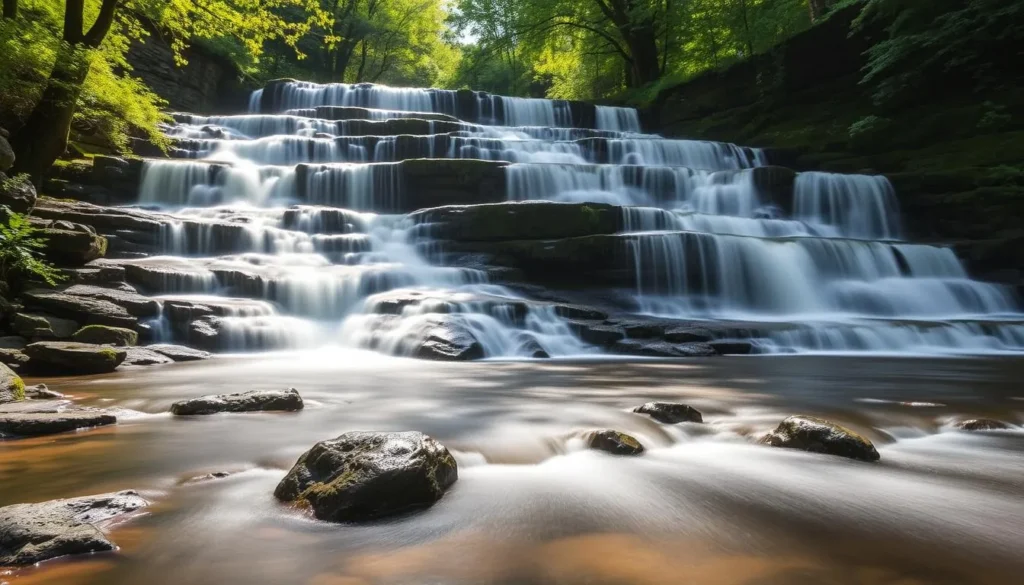 Aysgarth Falls cascading water in a woodland setting
