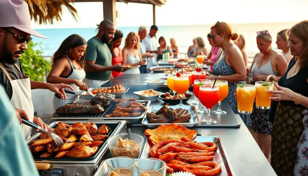 BBQ food and rum punch being served at Shirley Heights Sunday party, Antigua BBQ food and rum punch being served at Shirley Heights Sunday party, Antigua