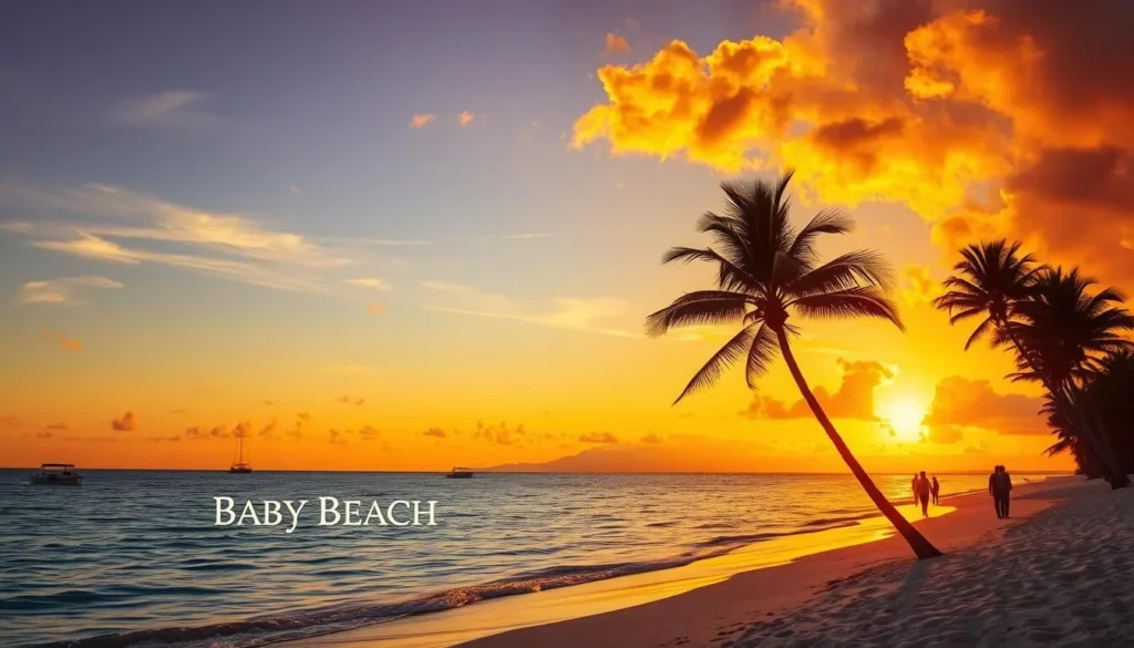 Baby Beach Aruba at sunset with golden light reflecting on the calm waters