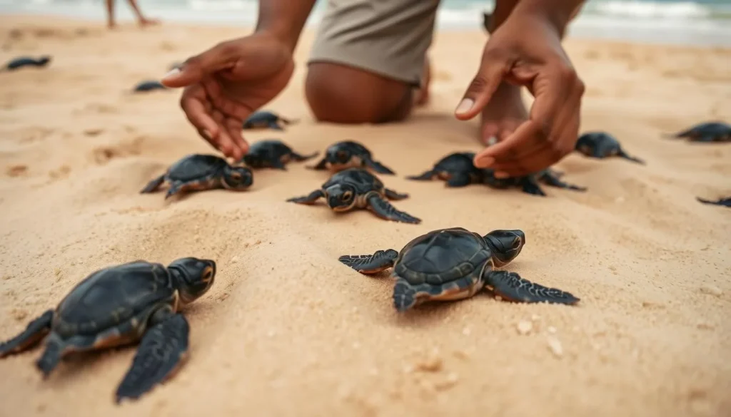 Baby sea turtles being released at a turtle hatchery near Unawatuna