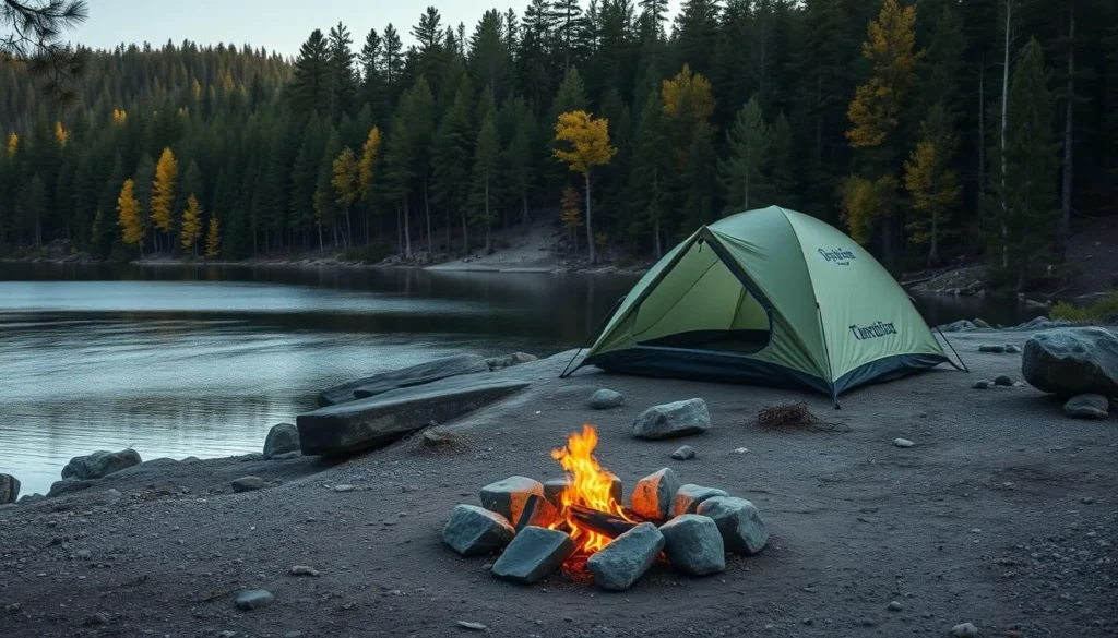 Backcountry campsite with tent set up near a lake shore in Kawartha Highlands