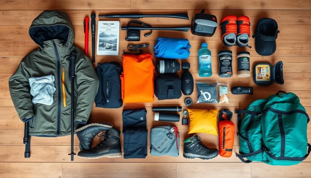 Backpacker preparing gear for Torres del Paine trek with organized equipment laid out