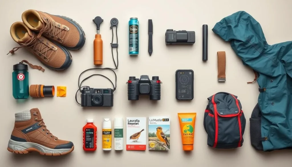 Backpacker's essential gear laid out for a trip to La Muralla National Park